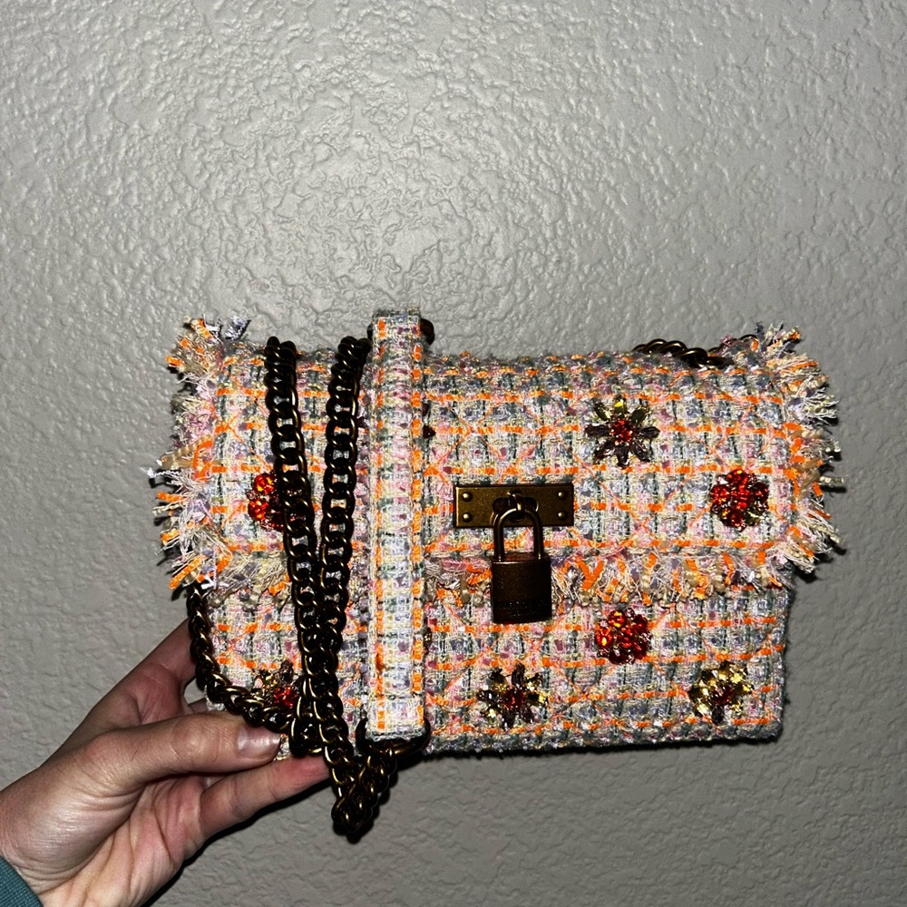 Kurt Geiger Orange and Gold Crossbody Bag with Edgy Embellishments